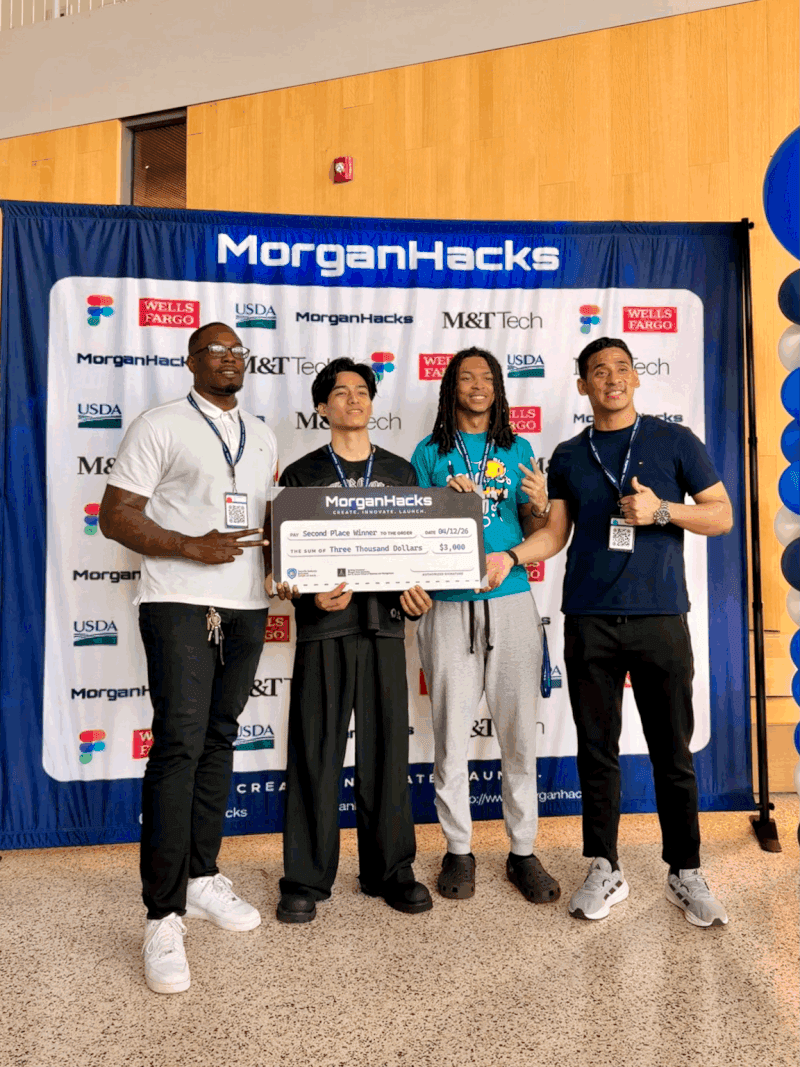 Mingma and the Kairos team accepting the MorganHacks 2026 Second Place check